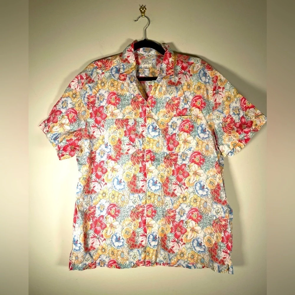 J. Crew Floral Shirt Men's Sz L 100% Linen Camp Collar Button Up Short Sleeve